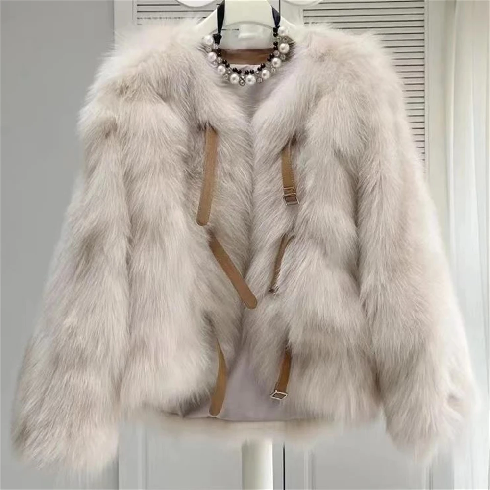 

Женское пальто из искусственного лисьего меха, теплые пальто с перьями, свободная короткая верхняя одежда, элегантная женская одежда, корейская мода, осень 2024