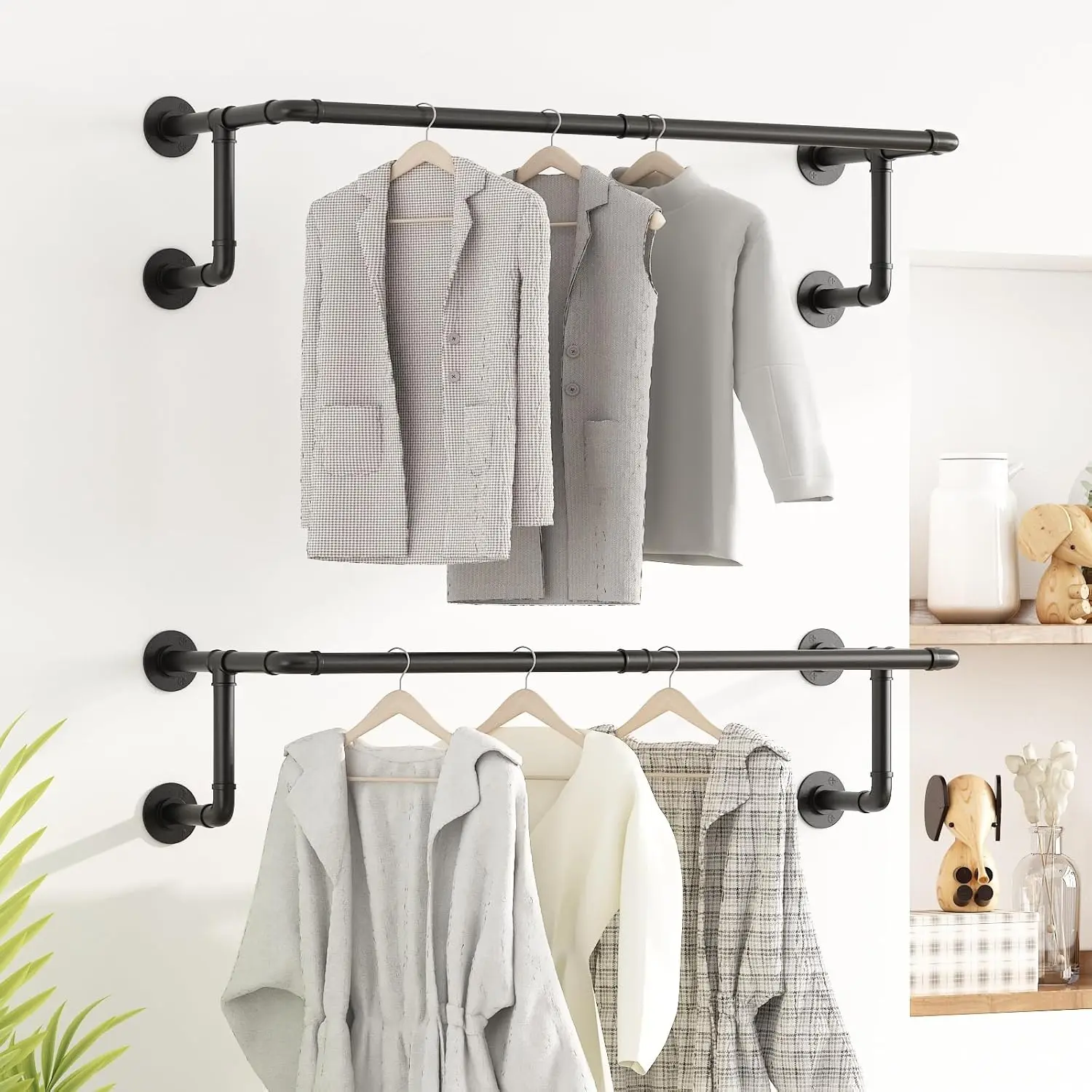 Industrial Pipe Clothes Racks 2 Pack, Black Pipe Wall Mounted Clothing Racks for Hanging Clothes 2