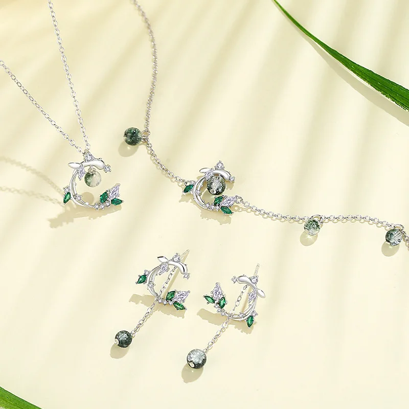 Women's Fashion Flower Wreath Tassel Necklace Earrings Bracelet Exquisite 925 Silver Set Temperament Forest Style Jewelry KOFSAC