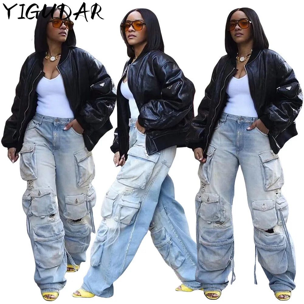 

Vintage Cargo Pants Baggy Jeans Womens 90s Y2k Europe And America Fashion 2023 New Hot Girl Multi Pocket Blue Broad Leg Pants