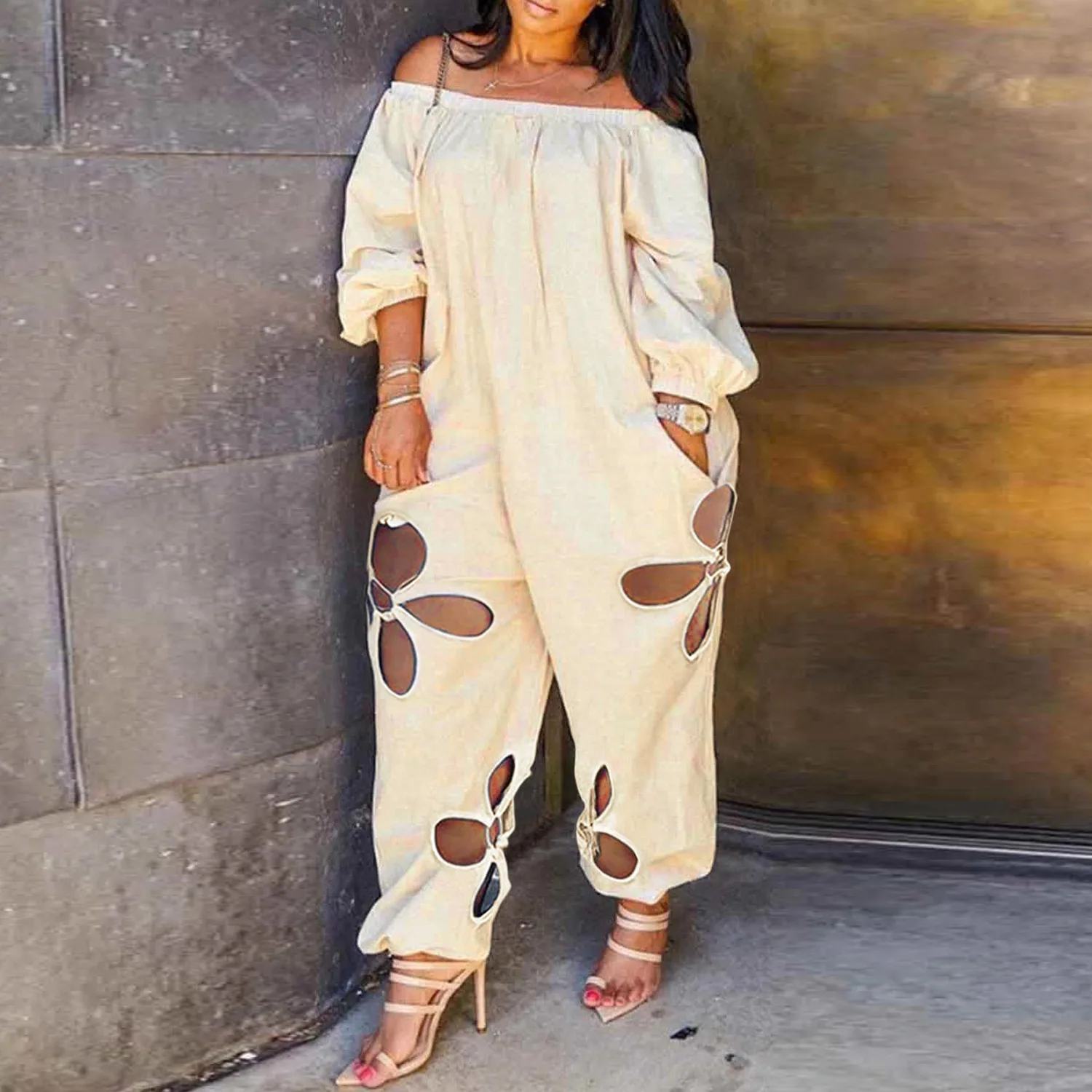 2021 new fashion long legs wide leg pants jumpsuit women sexy off shoulder solid color playsuits elegant office lady jumpsuits Plus Size Women Jumpsuits Hollow Out One Piece Outfit 2023 Spring Solid Off Shoulder Jumpsuit Lady Wholesale Fashion Loose Pants