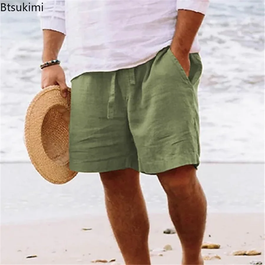 2024 Men's Summer Cotton Linen Shorts Drawstring Short Pants Male Breathable Solid Oversized Beach Shorts for Men Summer Pants