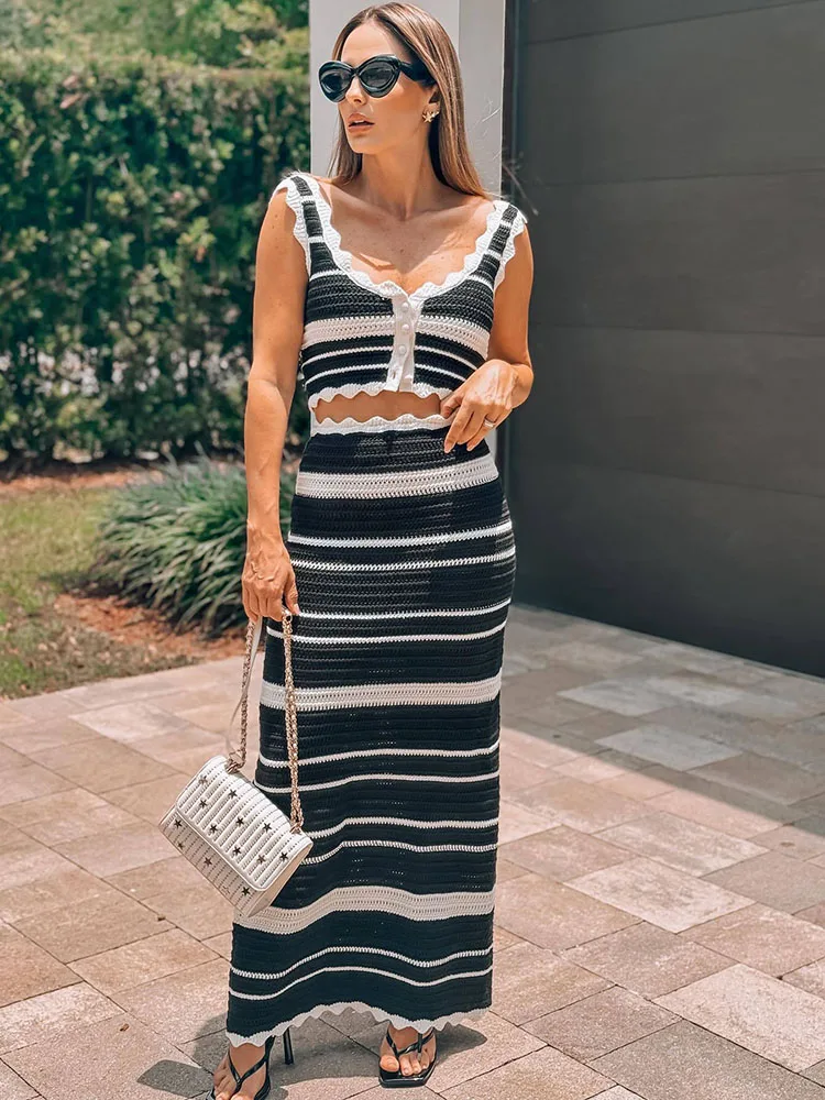 Striped Contrast Color Knitted Skirt Set 2-piece Summer Backless Casual Vest Top Women's Set 2-piece Sleeveless Skirt Set
