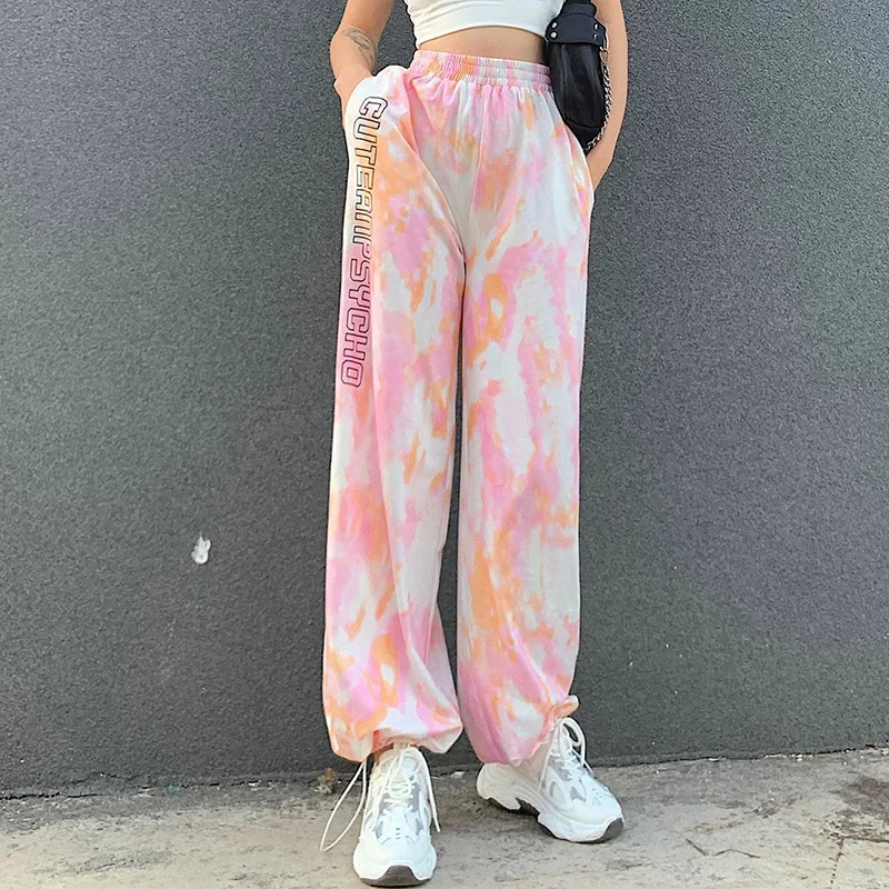 Women's Trousers All-match Elastic High Waist Sports Tie-dyed Loose Straight Leg Trousers Fashion Casual Harajuku Jogging Pants