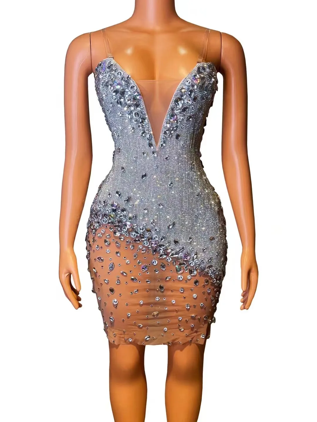 

Silvery Sparkling Luxury Rhinestone Sexy Dress Birthday Evening Party Performance Costume Bar Nightclub Singer Dancer Stage Wear