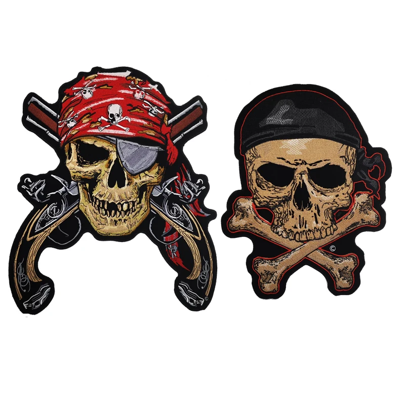

Patches Scarf Skull Pirate With Gun Motorcycle Embroidered Oversized Cloth Sticker Badge Jacket Back Biker Punk Fashion Sew On