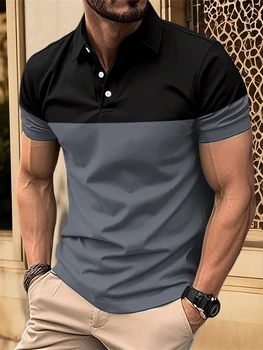 Casual Men s V Neck T-Shirt with Button Lapel and Stylish Contrast Color Design Perfect for Summer Outfits 4