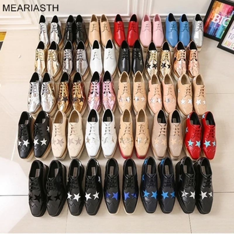 

Women Platform Sneakers Genuine Leather Black White Red Gold Casual Shoes Female Thick wedge Bottom Star Style Breathable Shoes