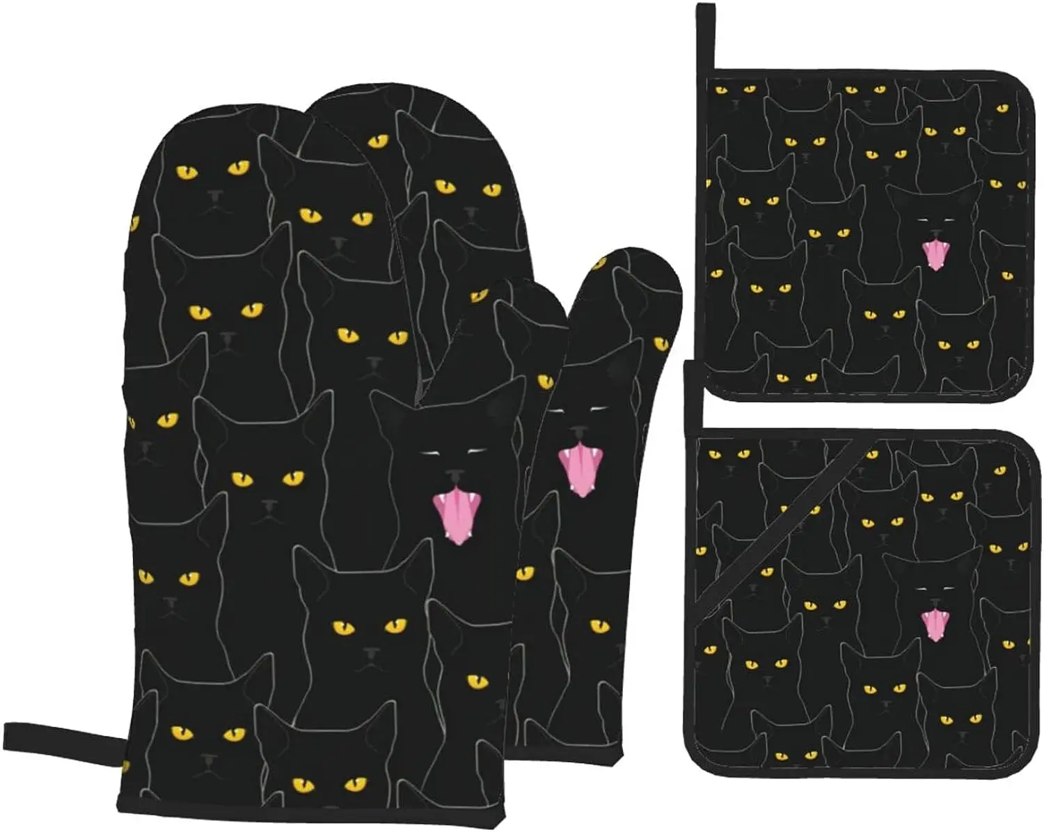 Cute Black Cats Oven Mitts and Pot Holders Sets of 4 Heat Resistant Surface Kitchen Microwave Gloves for Grilling Baking Cooking