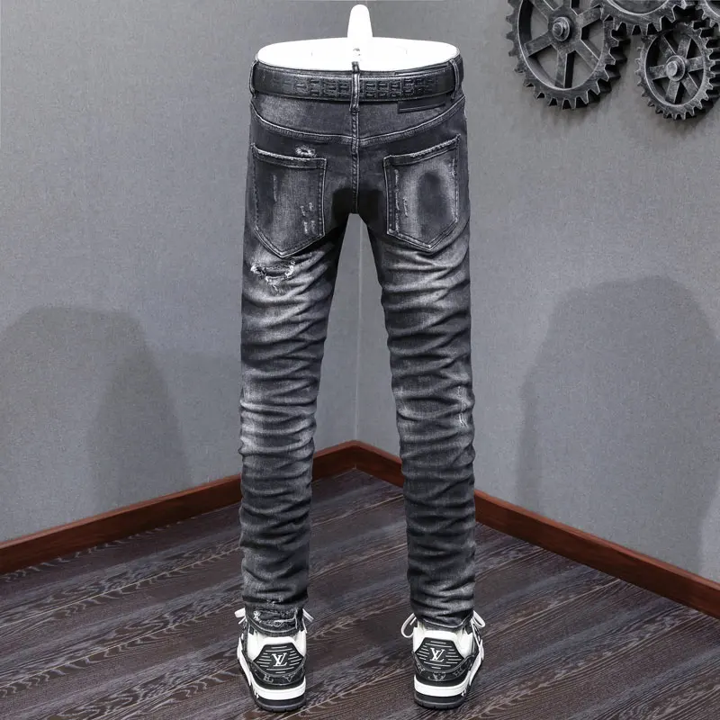 Designer Street Fashion Men's Jeans Retro Elastic Slim Fit Split Jeans Men's Black Grey Patch Hip Hop Brand Pants Hombre