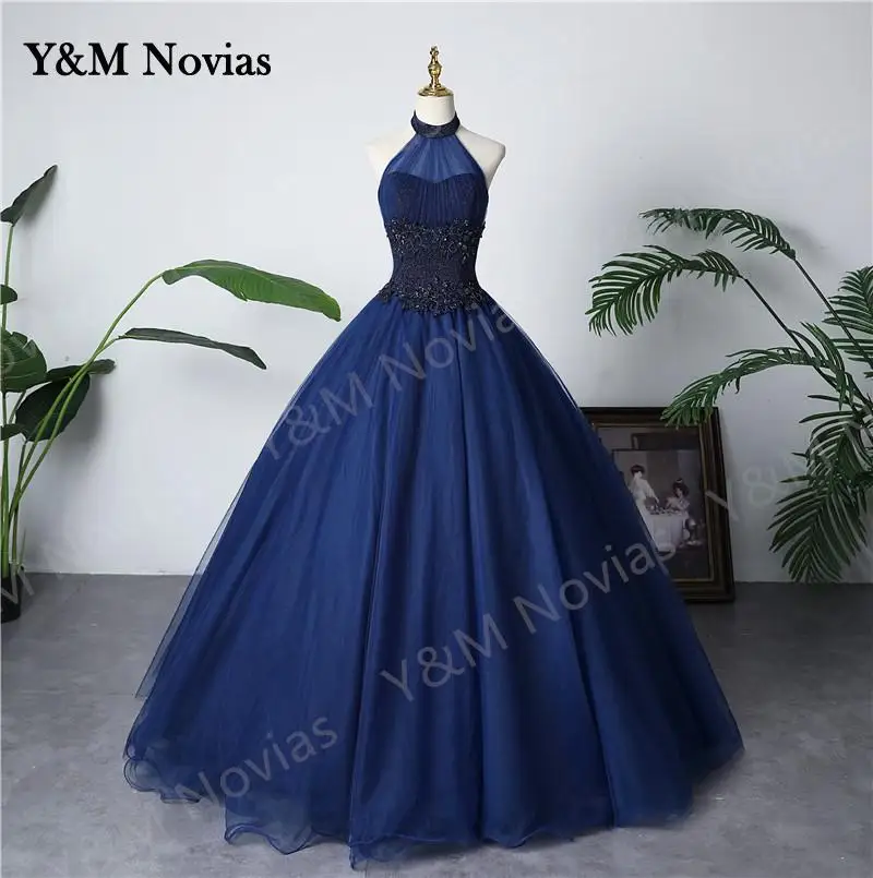 New Fashion Halter Blue Quinceanera Dress Sleeveless Ruched Lace Vestidos De 15 Debutante Gown Bohemia Princess Customized