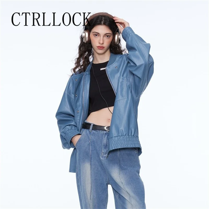 

CTRLLOCK Streetwear Rock PU Leather Jacket Loose Long Sleeve Buckle Pocket Bomber Jackets