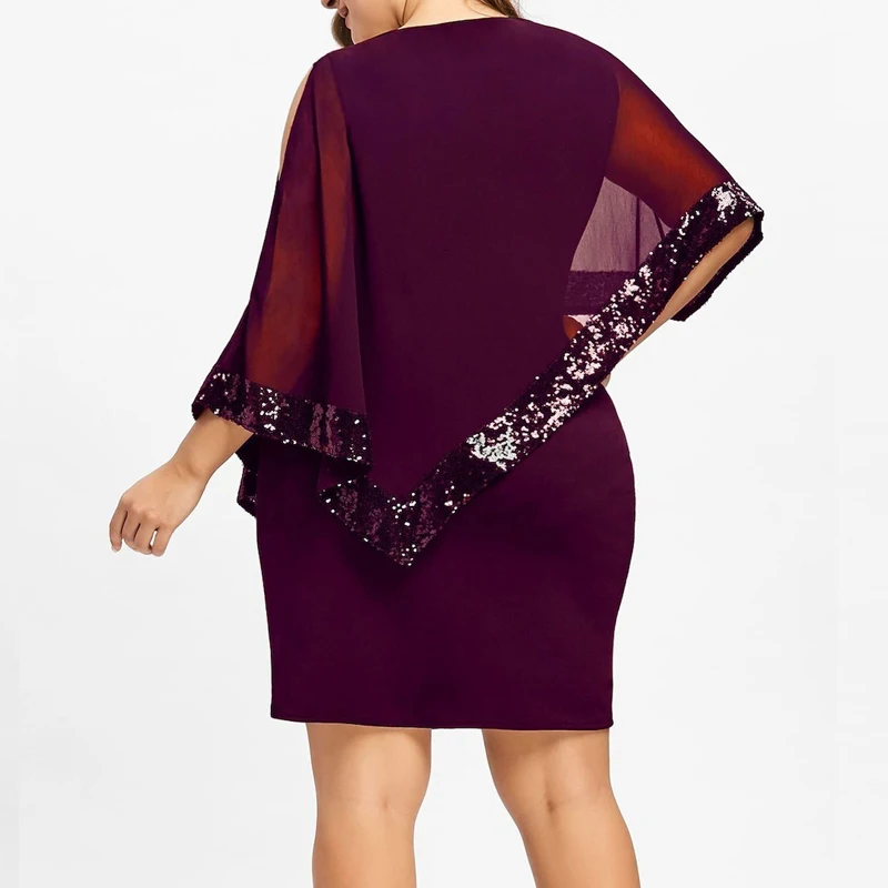 Sexy Hollow Sequins Irregular Plus Size Elegant Party Dresses for Women Summer Clothing Casual O-neck Solid Mini Dress Vestidos