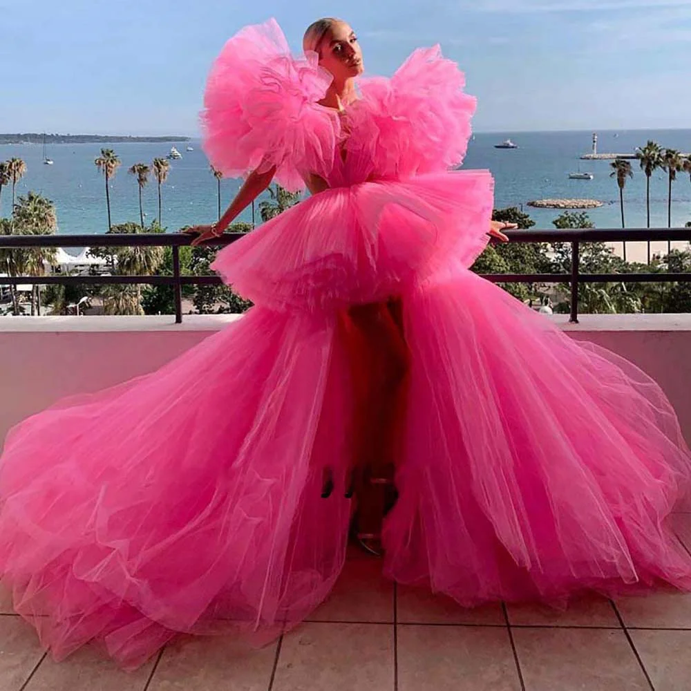 Lily Pink Prom Dress Deep V Neck High Low Special Occasion Fashion Gown Backless Sexy Pageant Dress Tiered Tulle Long Prom Gown women prom dresses
