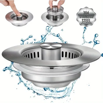 3-in-1 Stainless Steel Kitchen Sink Strainer - Pop-Up Stopper with Anti-Clogging Basket 1
