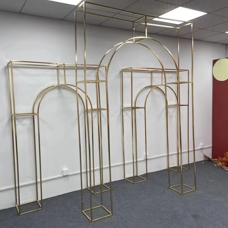 1/3pcs Luxury Geometric Wedding Arch Backdrop Stand Kit-Glittering Gold Floral Arrangement Frame, Outdoor Garden Party Decor