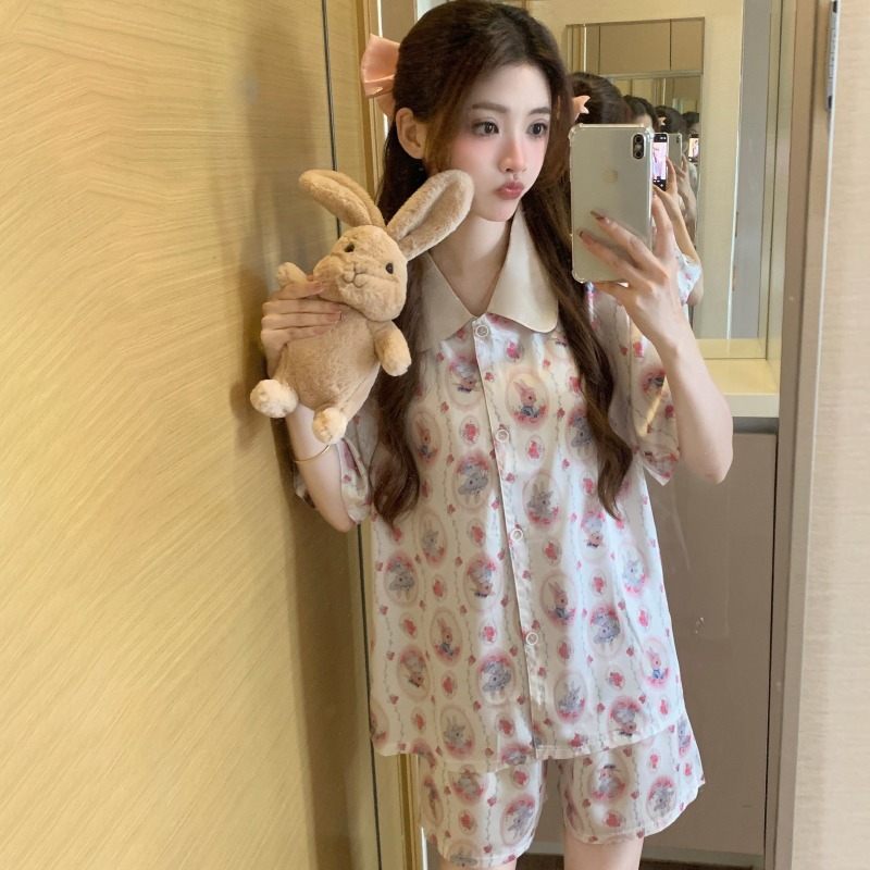 Ice silk thin section sweet cute rabbit women's pajamas summer 2025 new short-sleeved shorts lapel girls homewear two-piece set