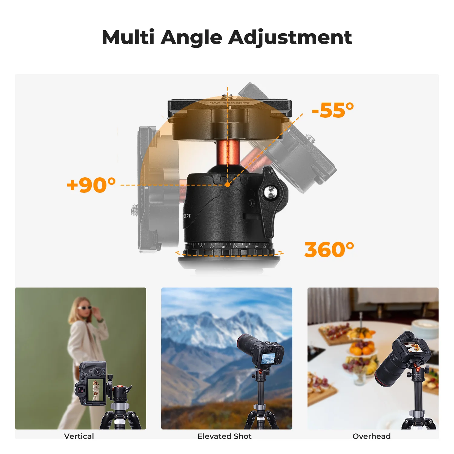 K&F Concept 22lbs/10kg Load Professional Metal Tripod Ball Head 1/4 Quick Release Plate for Nikon Canon Leica Sony Camera Tripod