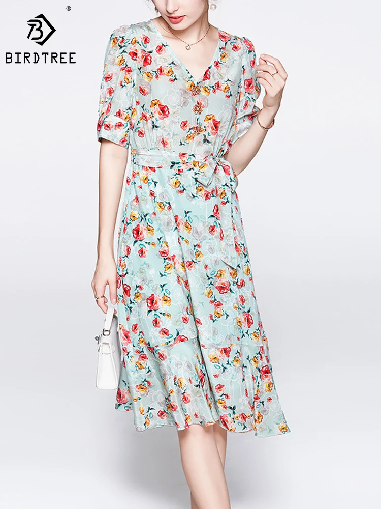 

Birdtree 100% Mulberry Natural Crepe Silk Dress Summer Floral Print V Necks Empire Slim Short Sleeves Midi Dresses SummerD34824C
