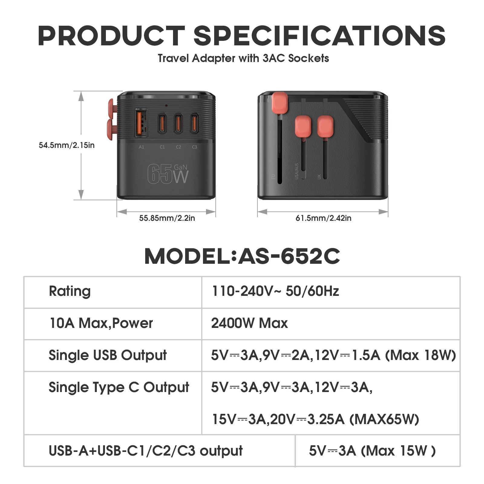 รูปสินค้า อะแดปเตอร์ชาร์จไฟ Type-C 2 ช่อง ชาร์จเร็ว รองรับหลายประเทศ
