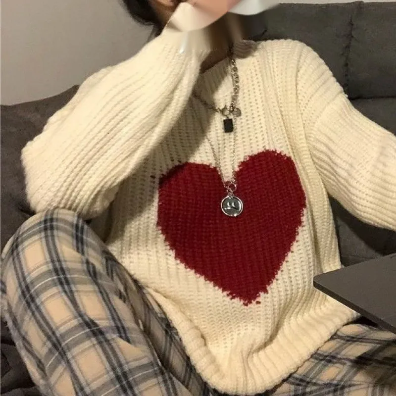 Winter New Sweet Heart-shaped Pattern Sweater Vintage Harajuku Full Sleeve Pullovers Y2k Korean Loose Knitting Casual Hoodie 후드티 fajarina knitting cow skin genuine leather belt ellipse pattern holes pin