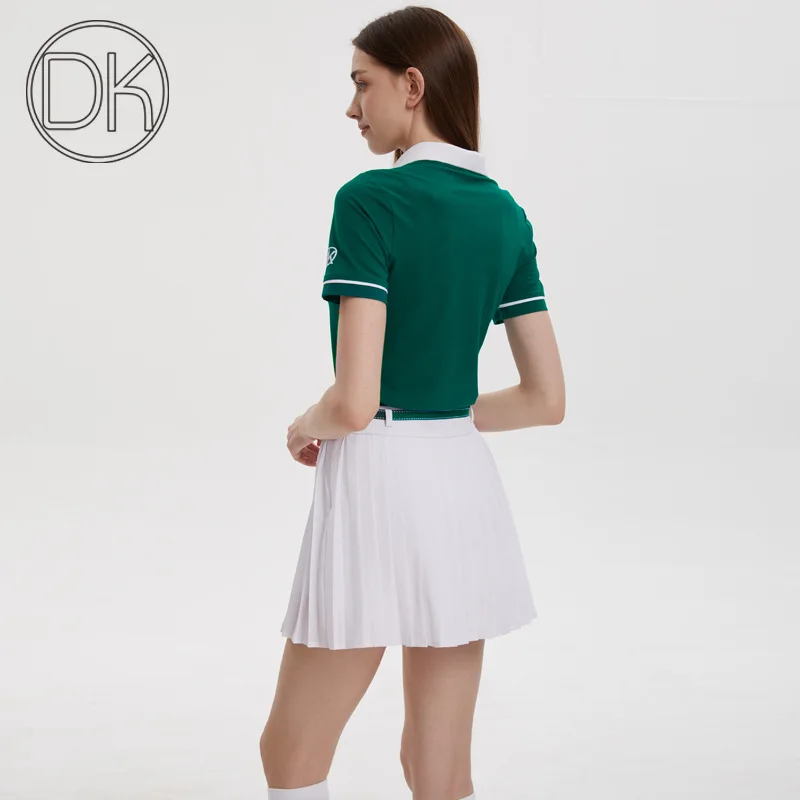 DK Golf Clothing Women's Short Sleeve V-neck T-shirt Casual Slim Tennis Tops Ladies Pleated Skirt A-lined Skorts with Bowknot
