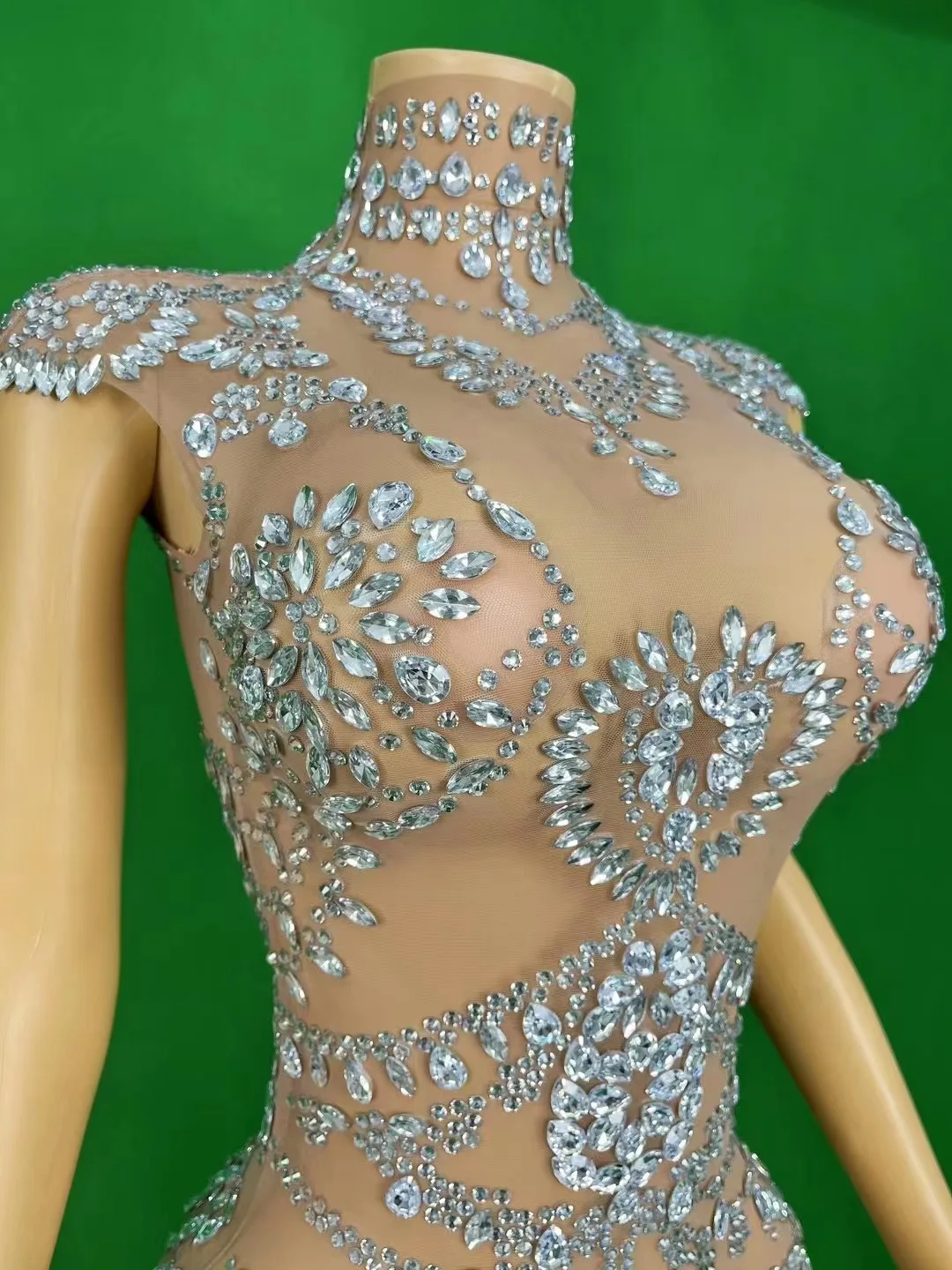 Sexy Luxury Blingbling Silver Rhinestones Leotard Transparent Mesh Stretch Costume Club Party Dance Perform Photoshoot Bodysuit
