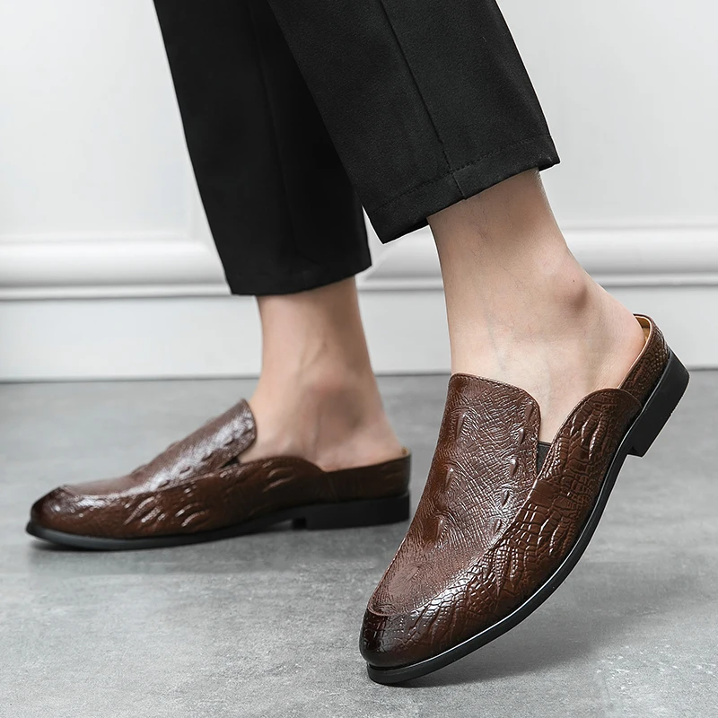 Elegant Men's Crocodile Print Half-Mule Dress Shoes Leather Loafers Perfect for Wedding Parties Daily Available in Black & Brown 3