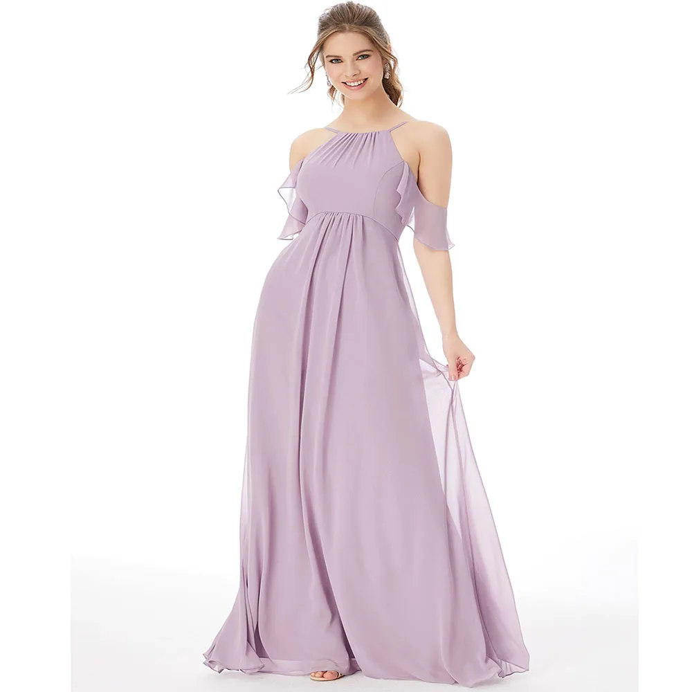 

Simple Lilac Chiffon Summer Evening Dress Halter A Line Off Shoulder Dresses for Prom Back Zipper Bridesmaid Dress