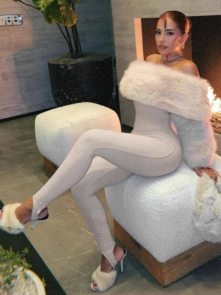 Nibber Peach Buttocks Sexy Fashion Jumpsuits Woman Winter Style Furry Patchwork Slash Neck Full Sleeve Skinny Street Overalls