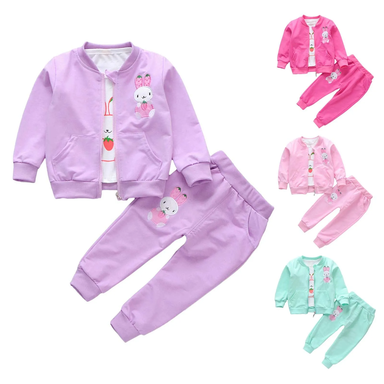 Baby Girl Long Sleeved Bunny Print Top Coat Trouser Set Three Piece Little Girl Clothes 4t-5t Baby Clothes Size 3 Months