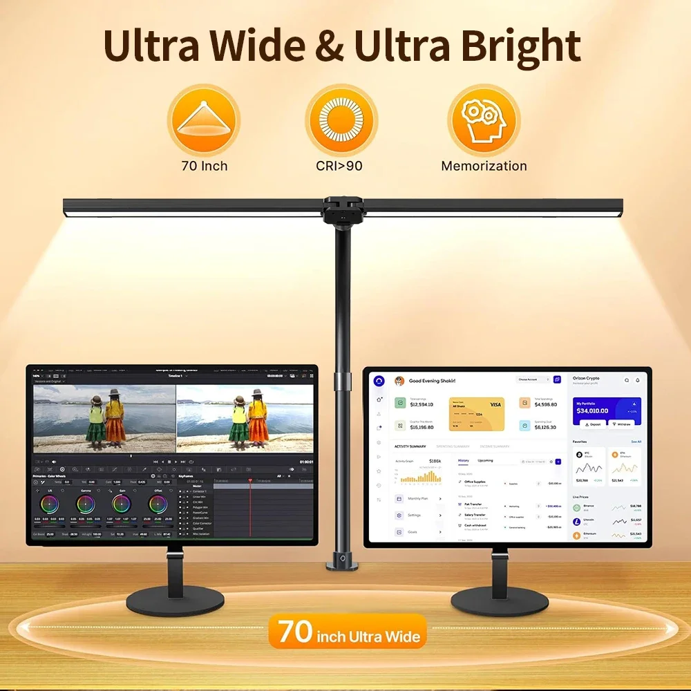 Desk Lamp 24W Double Head LED Eye-Caring Reading Light Remote Control 5 Color Temperature Settings 10 Level