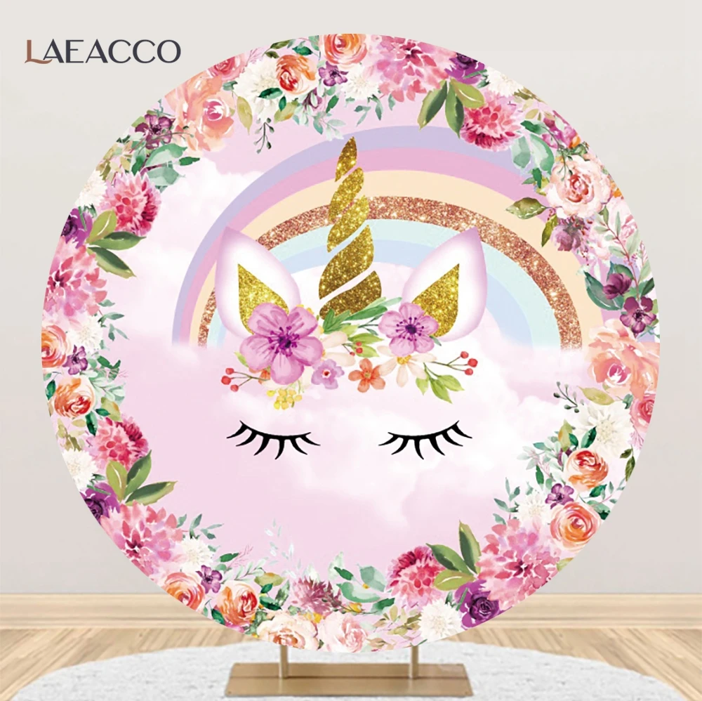 Laeacco-cartoon Unicorn Round Backdrops Suporte Fotográfico Fundo Circular Arco-íris Flores Baby Shower Decoração para Festas de Aniversário - Image 3