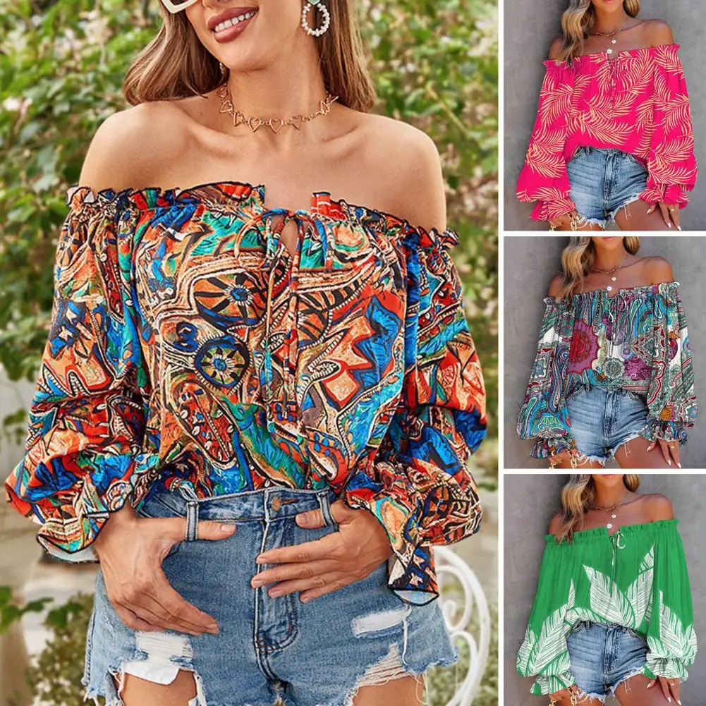 

Women Long-sleeved Top Colorful Print Off Shoulder Blouse with Lantern Sleeves for Women Soft Breathable Vacation Top