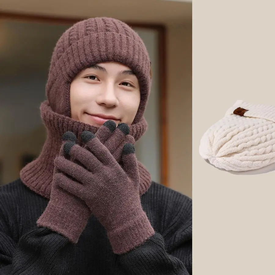Men\'s Hat and scarf Gloves Set three Pieces for Men Winter Knitted Beanie Hats Thick Warm Hat scarf Glove Set Outdoor Windproof