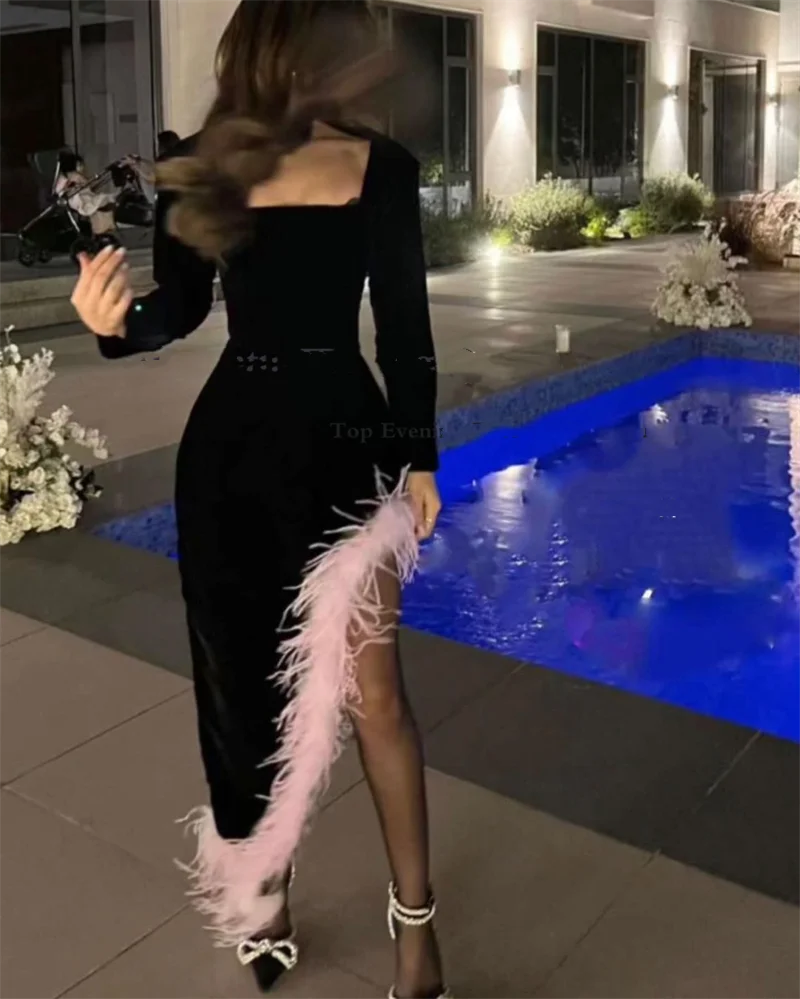 

Romantic Black Velour Evening Dress With Pink Feather Square Collar Mermaid Long sleeved For Birthday Party robe fete femme