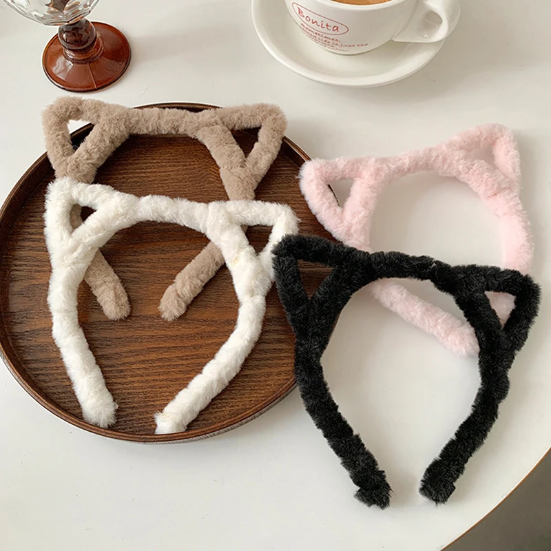 Cat Ears Womens Headband Woolen Velvet Hair Band Headwear Girl Wash Up Plush Hair Hoop Hair Accessories Autumn And Winter 8 colors autumn winter boys warm headwear caps baby knitted hats smiling face beanie hat for girls kids accessories 6 36m