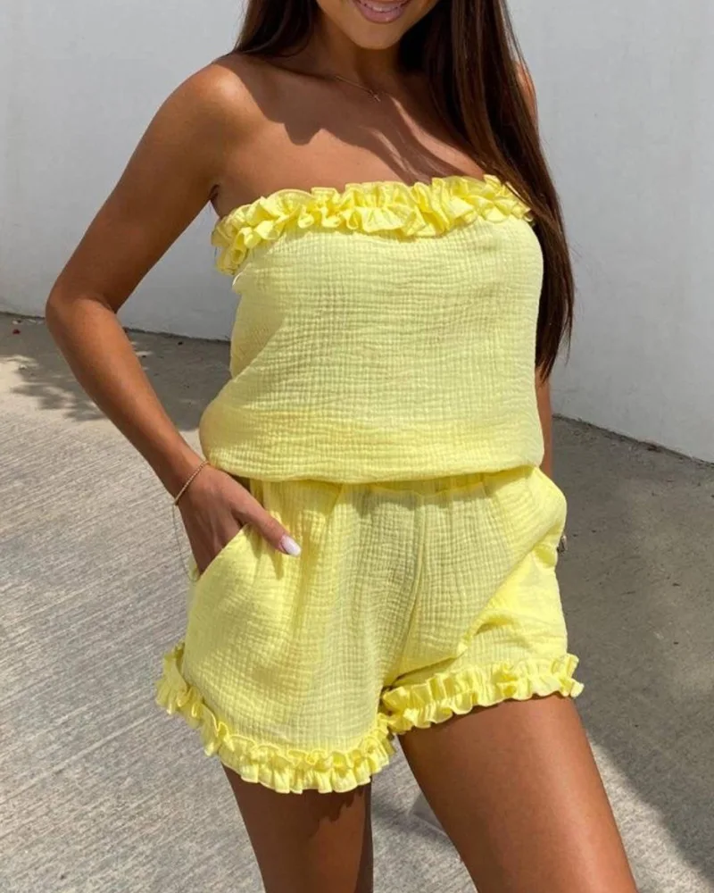 

Frill Hem Bandeau Top & Shorts Set Women Strapless Sleeveless Tops High Waist Shorts Pants Summer