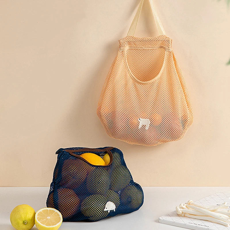 

Reusable Fruits Vegetables Storage Bag Potato Onion Garlic Mesh Hanging Bags Baskets with String Portable Kitchen Organizer