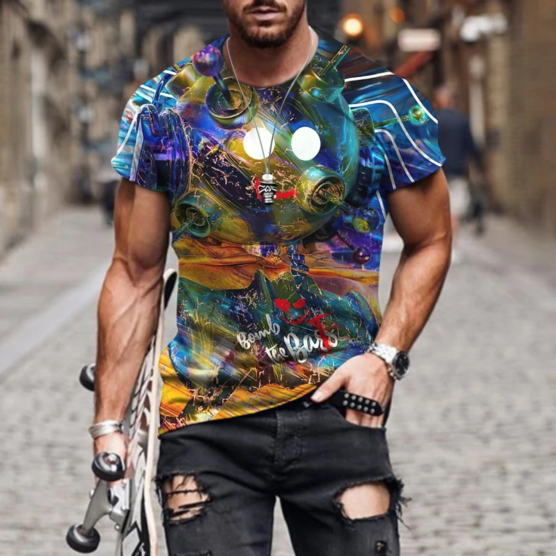 2022 Summer New Abstract Painting 3D Printing Oversized Loose Retro Short Sleeve Fashion Print Crew Neck Sports Casual Men's T-S fred perry t shirt