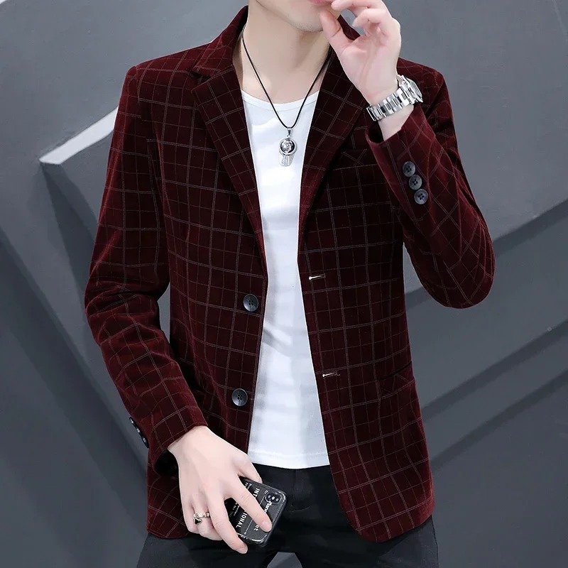 

2023 Men's Plaid Canary Suit Jacket Korean Wave Version Slim Fit Smart Casual Four Seasons Polyester Blazers Single Breasted