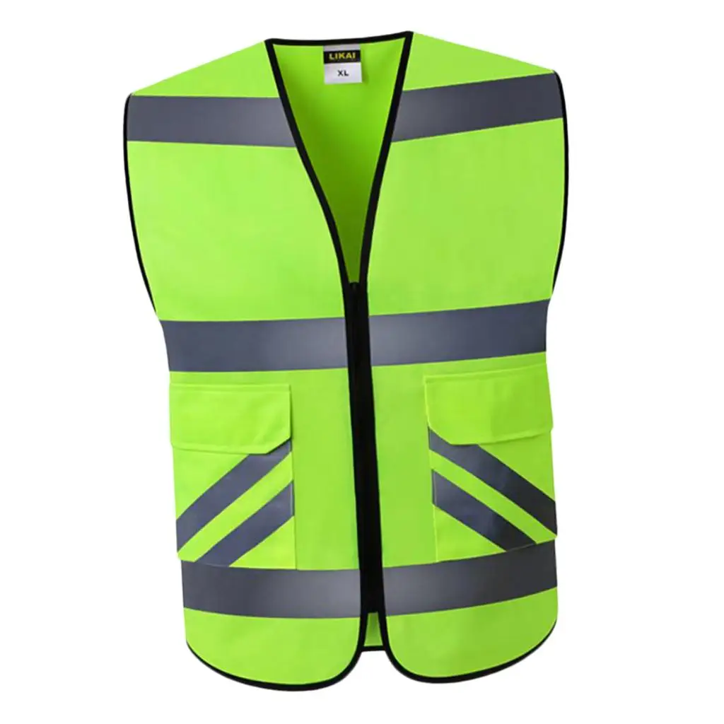 2 Pockets High Visibility Zipper Front Vest With Reflective Strips, Premium Style-A