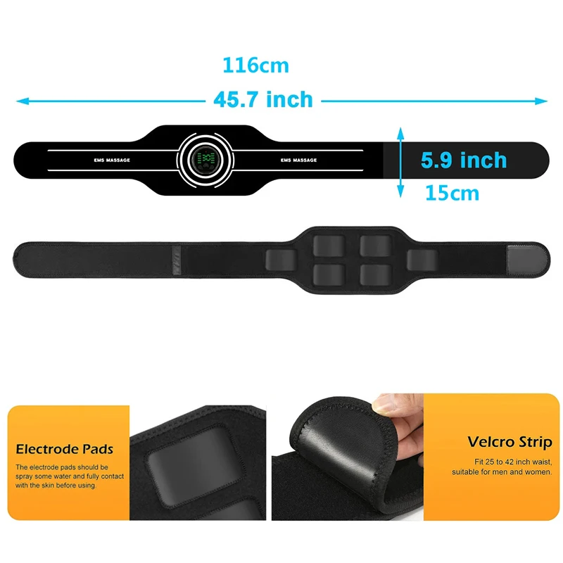 116cm Electric Muscle Stimulation Abdominal Toning Belts Waist Massager EMS Muscle Toner Body Weight Loss Fitness Equiment USB