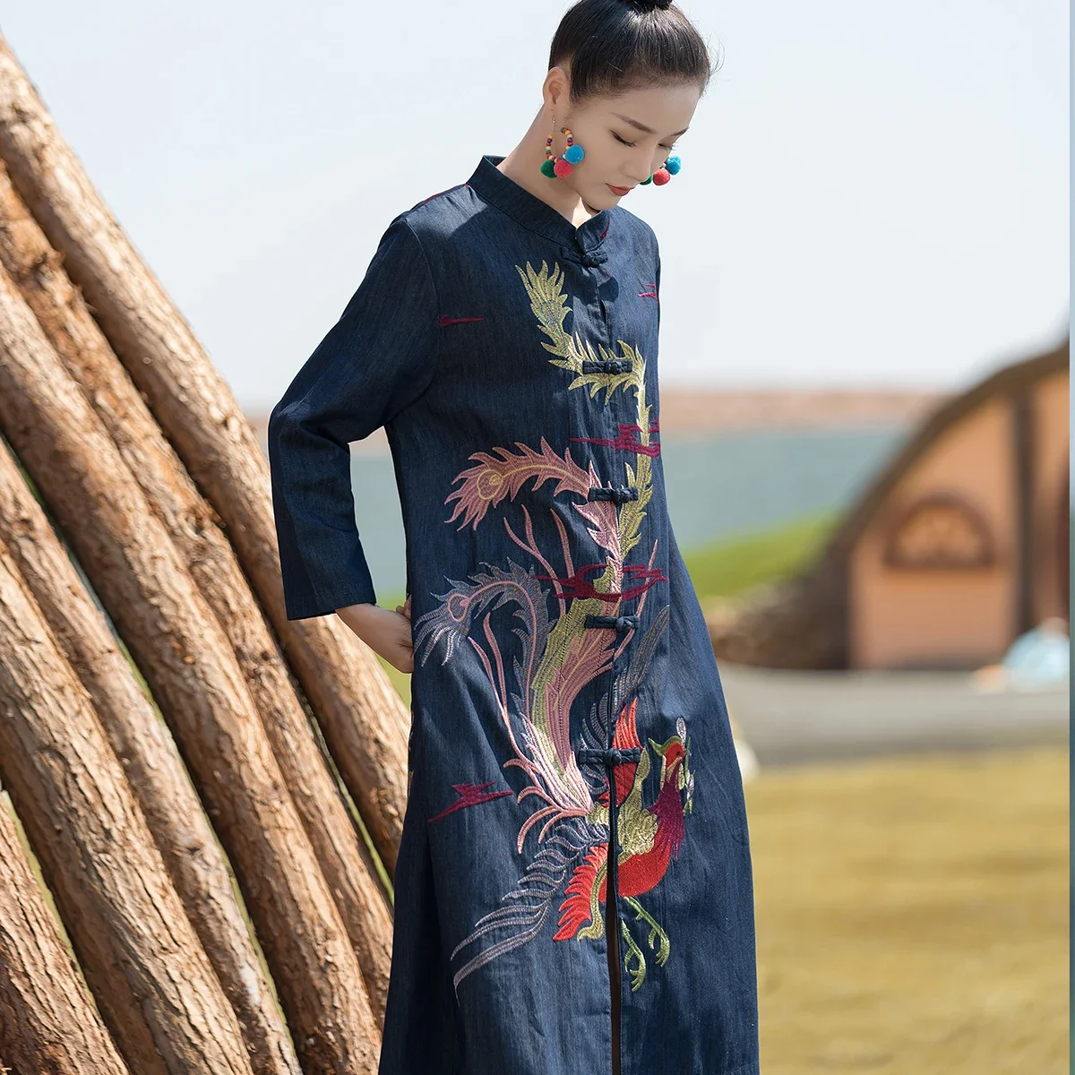 Phoenix Embroidery Mid-length Denim Jacket Woman National style Modern Fashion China Tang Suit Oriental Chinese Clothes Women