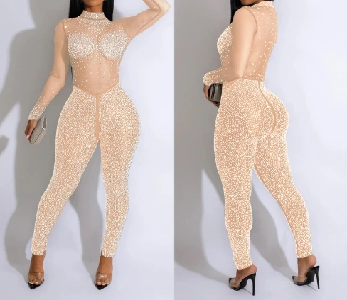Sexy Jumpsuits for Women 2023 Overalls Fashion Nightclub Female Clothing Hot Drill Long-Sleeved See-Through Trousers Jumpsuit