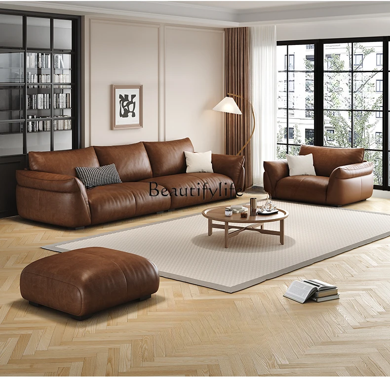 

Genuine Leather Italian Sofa Living Room Modern Minimalist Retro Sofa