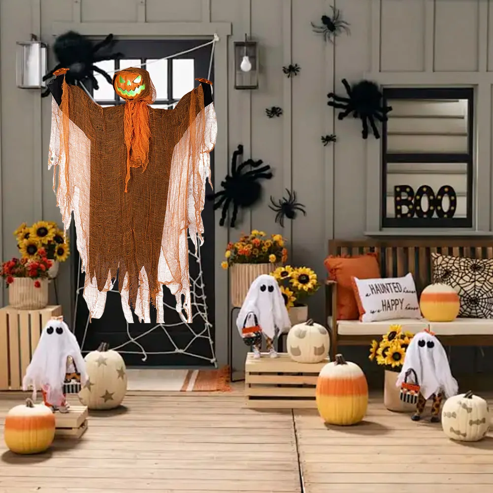 1/2PCS Halloween Pumpkin Party Decorations Head Green Light Turn Head Pumpkin Light-emitting Sound Hanging Props Yard