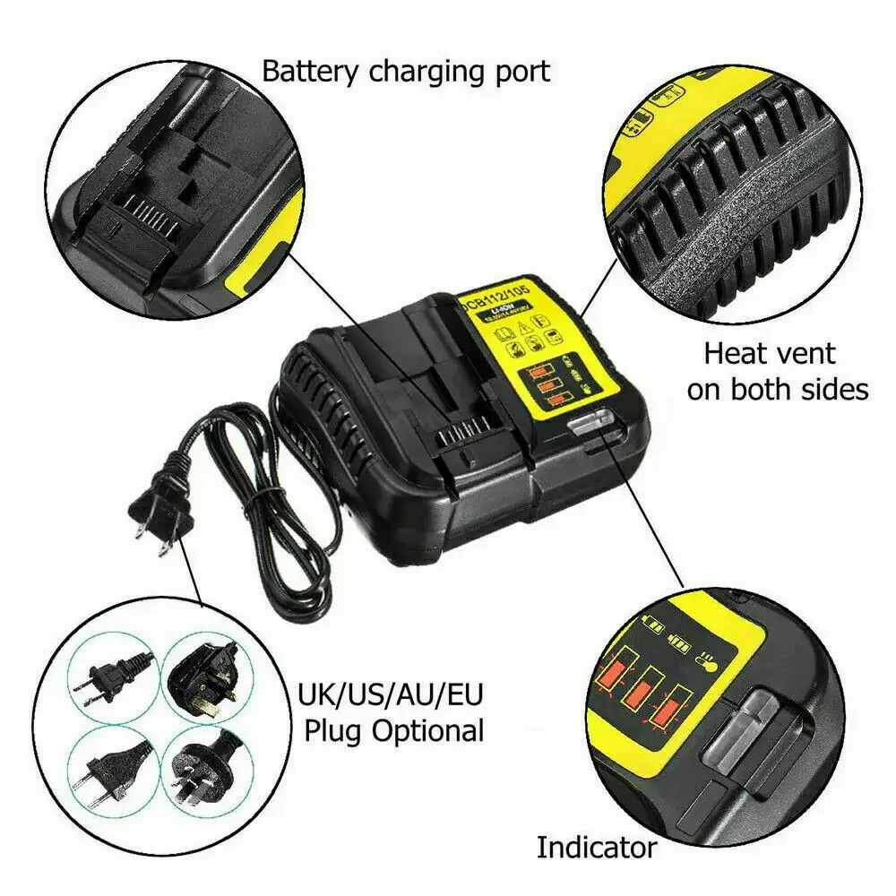 디월트용 리튬 배터리 충전기, DCB112 2A, 10.8V, 12V, 14.4V, 18V, 20V, DCB206, DCB205, DCB204, DCB203, DCB120,DCB107, DCB115, DCB1