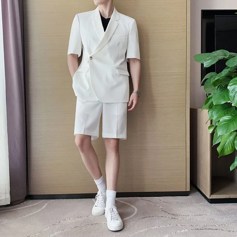 Latest Coat Pant Designs Casual Men's Shorts Sets Summer Thin Korean Slim Trend Handsome Short Sleeved Suit Jacket Blazer Japan
