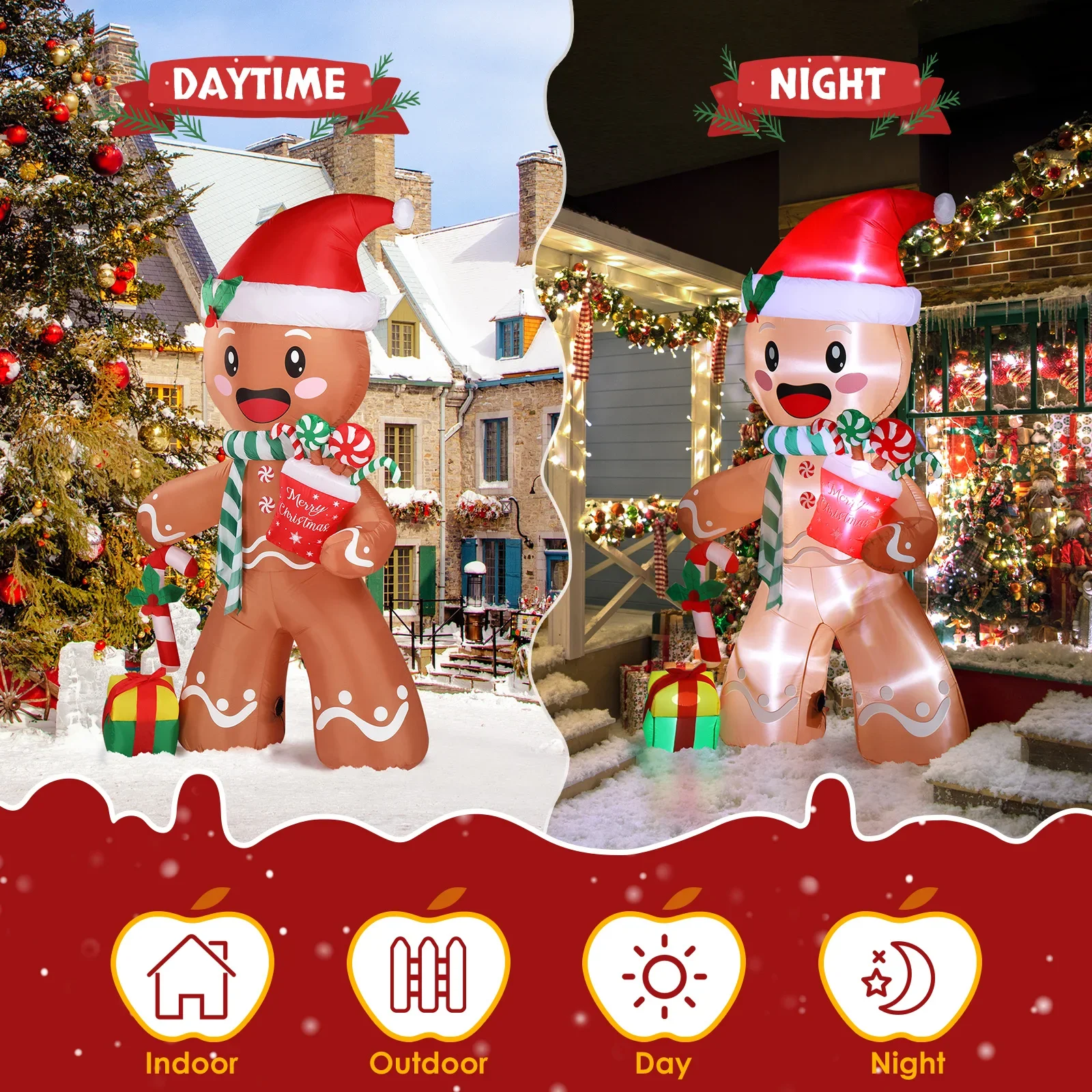 7.9FT Christmas Inflatables Gingerbread Man LED Lights Christmas Outdoor Decor Holiday Party Front Yard Lawn Garden Decor
